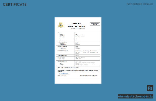 Kambodschanische Geburtsurkunde – Beispielansicht (Word und PDF)